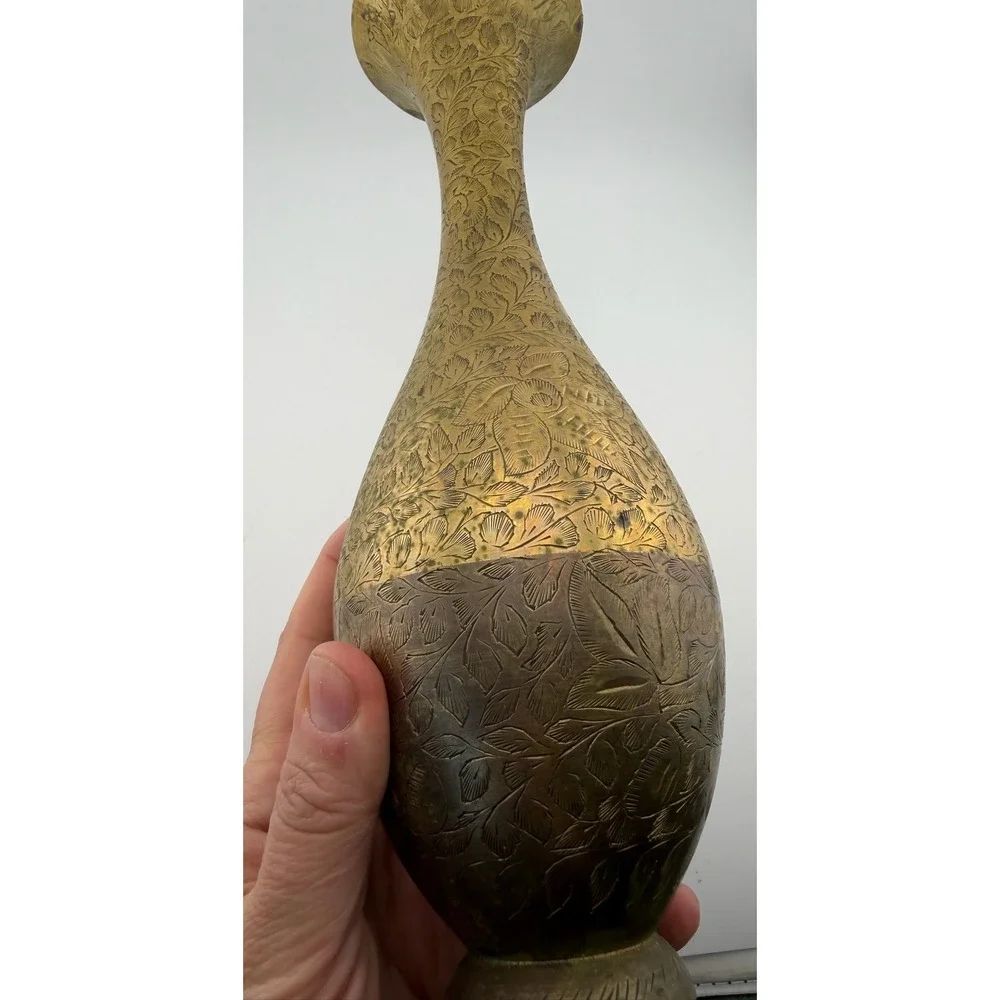 Vintage‎ Brass Vase Floral Etched Tall Slim Neck Home Decor Accent